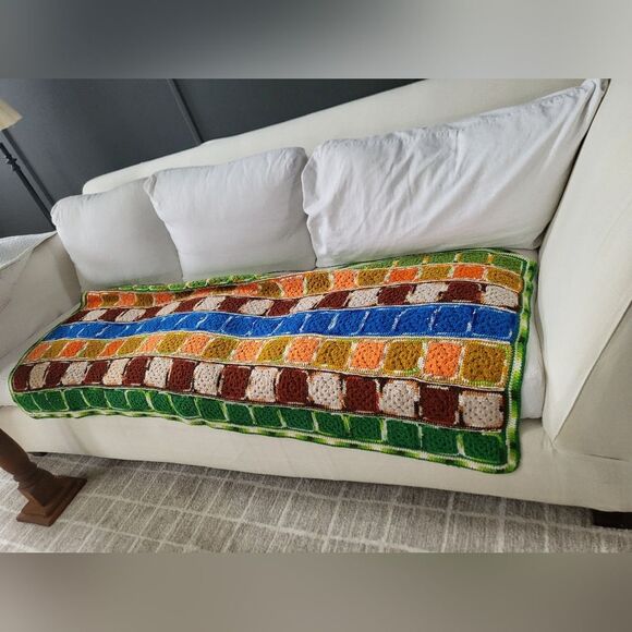 Vintage Afghan Granny Square Psychedelic Multicolored Blanket Throw 66 x 29 - Picture 1 of 11